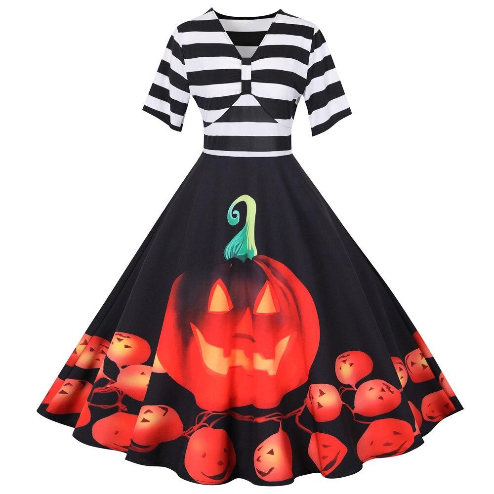 Damen Midi Kleid Halloween Kürbismotiv Vintage Stil 0