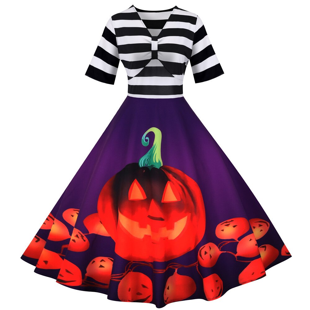 Damen Midi Kleid Halloween Kürbismotiv Vintage Stil 2