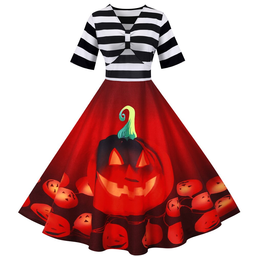 Damen Midi Kleid Halloween Kürbismotiv Vintage Stil 3