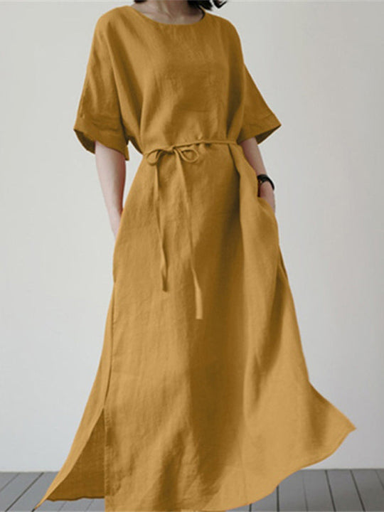 Damen Midi Kleid Mit Gürtel Und Seitenschlitz 3