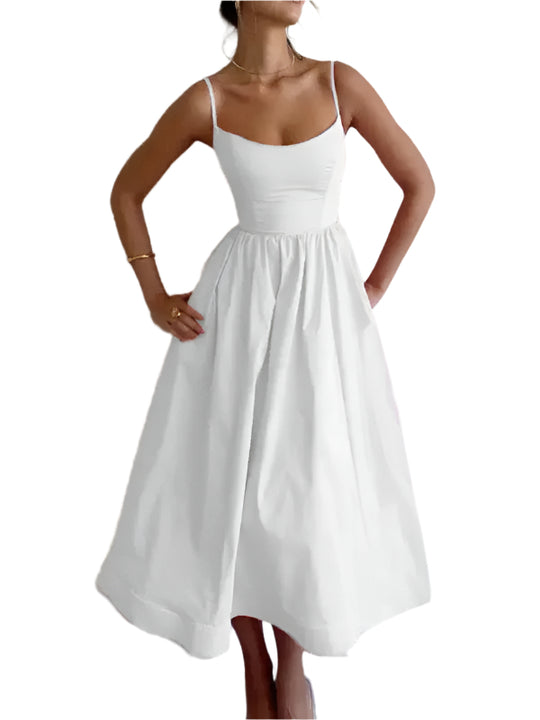 Damen Midi Kleid U-Ausschnitt Plissierte Spaghetti-Träger 0