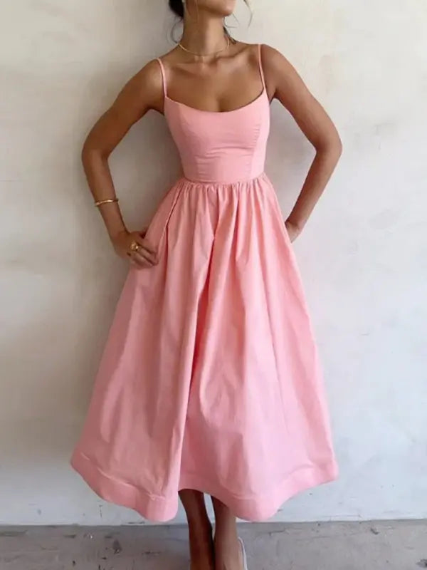 Damen Midi Kleid U-Ausschnitt Plissierte Spaghetti-Träger 2