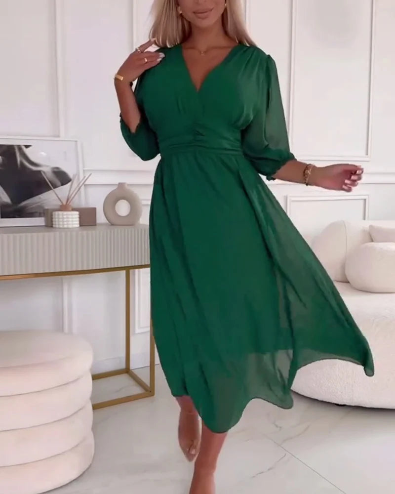 Damen Midi Kleid V-Ausschnitt A-Linie Chiffon mit Ellenbogenlangen Ärmeln 1