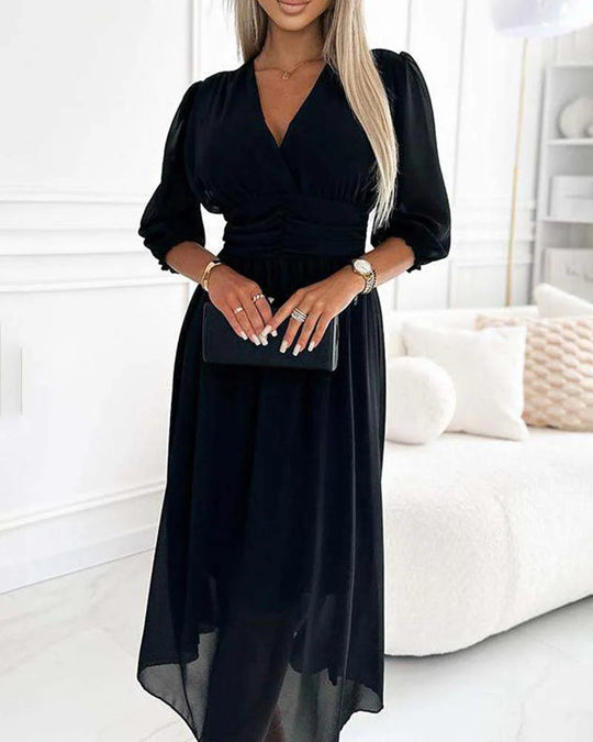 Damen Midi Kleid V-Ausschnitt A-Linie Chiffon mit Ellenbogenlangen Ärmeln 2