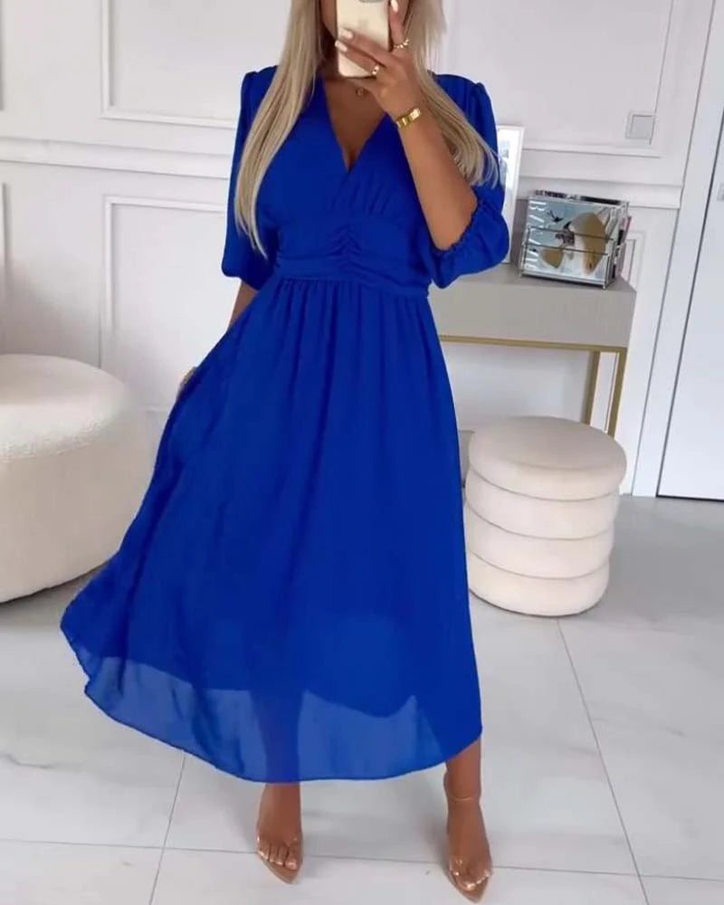 Damen Midi Kleid V-Ausschnitt A-Linie Chiffon mit Ellenbogenlangen Ärmeln 3