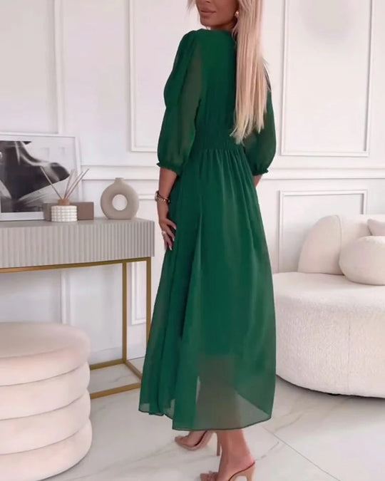 Damen Midi Kleid V-Ausschnitt A-Linie Chiffon mit Ellenbogenlangen Ärmeln 4