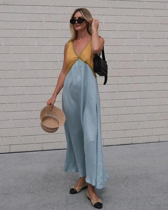 Damen Midi Kleid V-Ausschnitt Kontrastfarben 11
