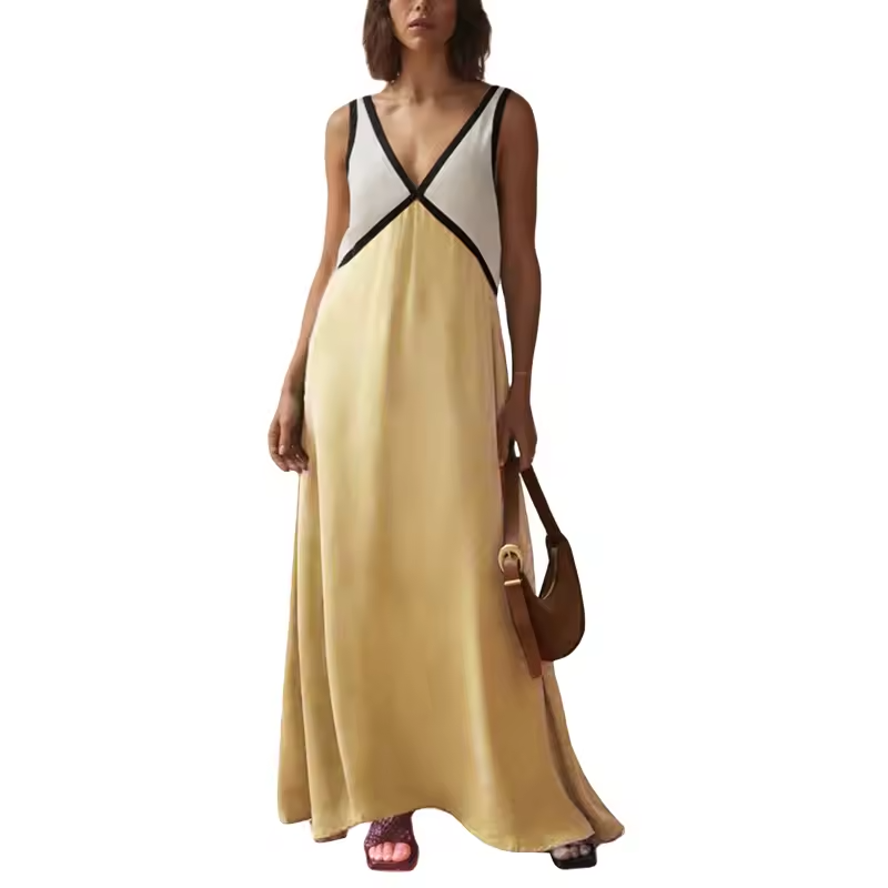 Damen Midi Kleid V-Ausschnitt Kontrastfarben 13