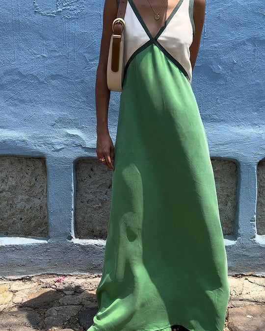 Damen Midi Kleid V-Ausschnitt Kontrastfarben 2