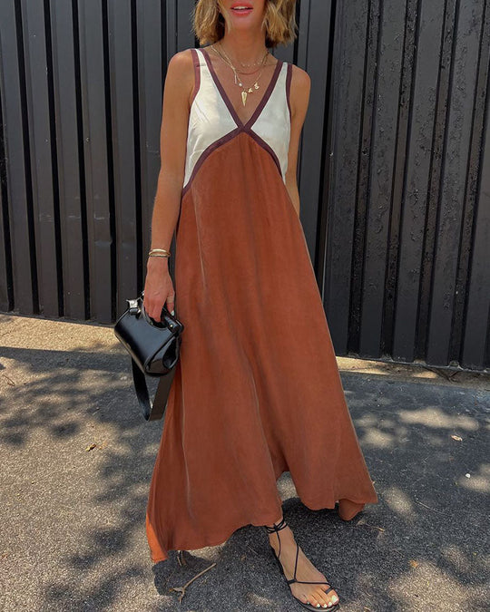 Damen Midi Kleid V-Ausschnitt Kontrastfarben 4