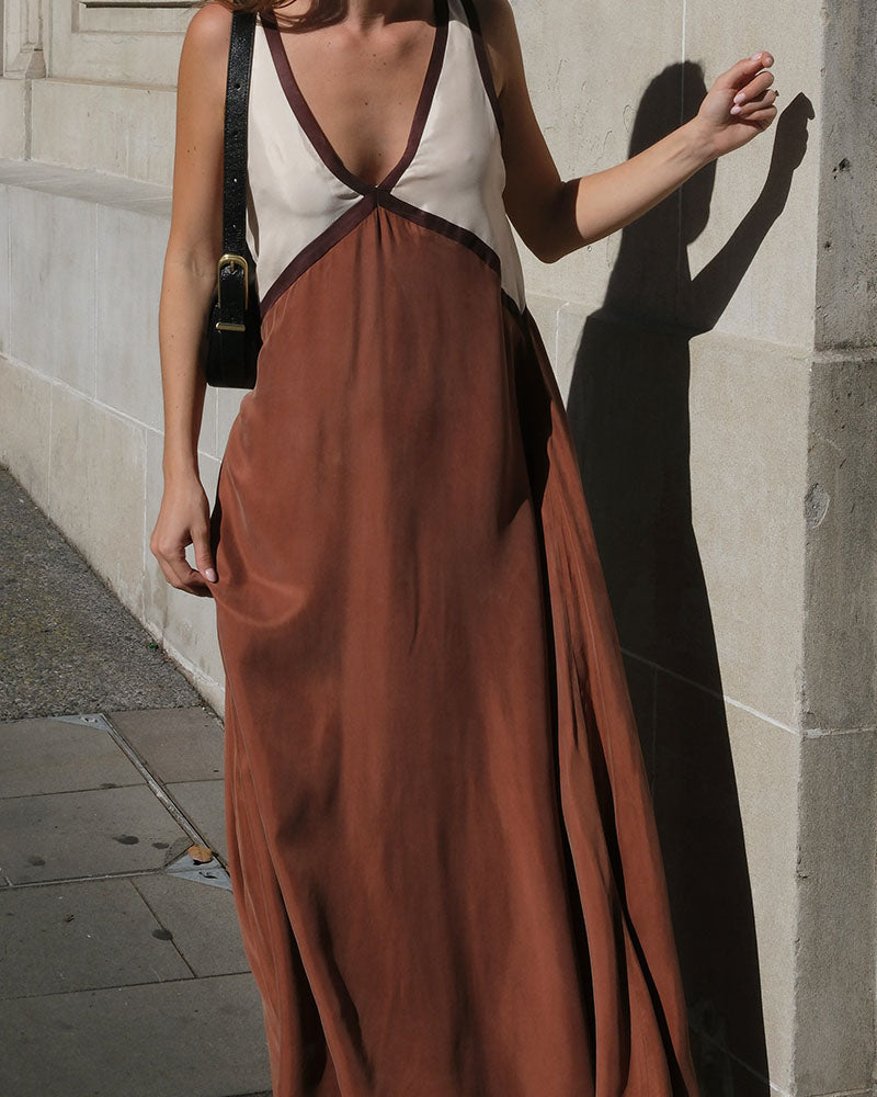 Damen Midi Kleid V-Ausschnitt Kontrastfarben 8