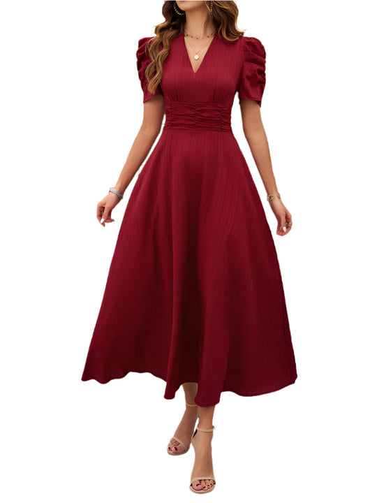 Damen Midi Kleid V-Ausschnitt Puffärmel A-Linie Hochwertiger Stoff 0