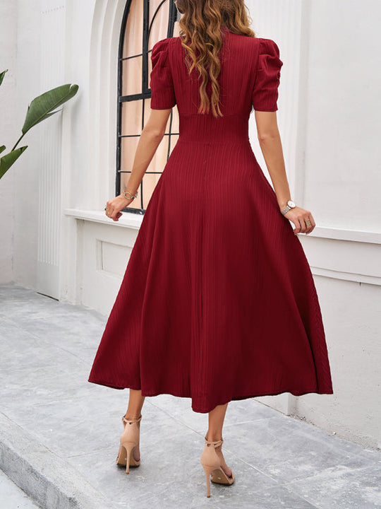 Damen Midi Kleid V-Ausschnitt Puffärmel A-Linie Hochwertiger Stoff 1