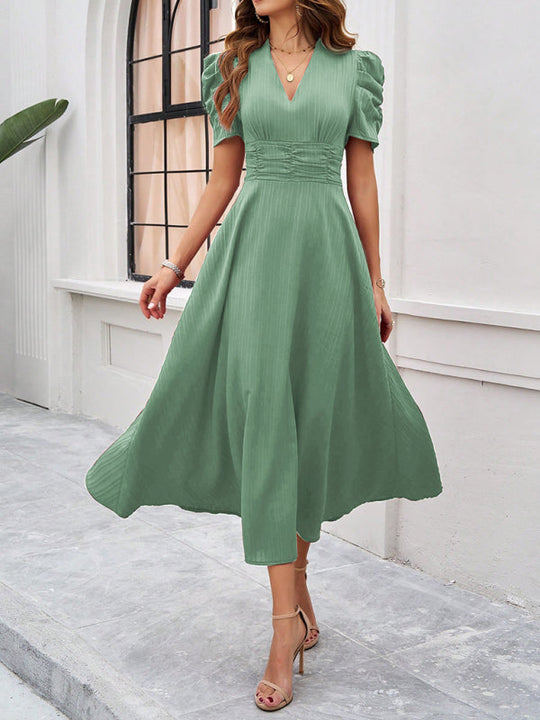 Damen Midi Kleid V-Ausschnitt Puffärmel A-Linie Hochwertiger Stoff 10