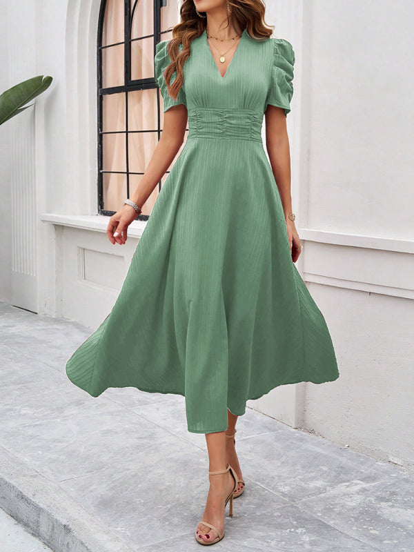 Damen Midi Kleid V-Ausschnitt Puffärmel A-Linie Hochwertiger Stoff 10