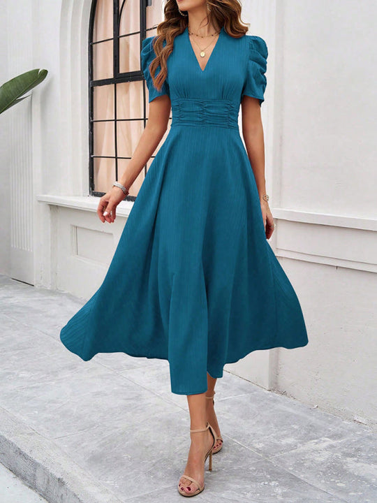 Damen Midi Kleid V-Ausschnitt Puffärmel A-Linie Hochwertiger Stoff 12