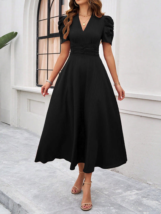 Damen Midi Kleid V-Ausschnitt Puffärmel A-Linie Hochwertiger Stoff 13