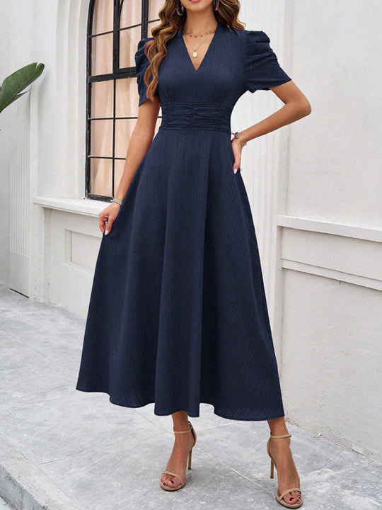 Damen Midi Kleid V-Ausschnitt Puffärmel A-Linie Hochwertiger Stoff 14