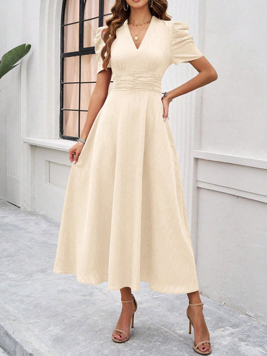 Damen Midi Kleid V-Ausschnitt Puffärmel A-Linie Hochwertiger Stoff 6