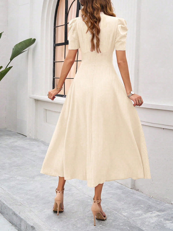 Damen Midi Kleid V-Ausschnitt Puffärmel A-Linie Hochwertiger Stoff 7