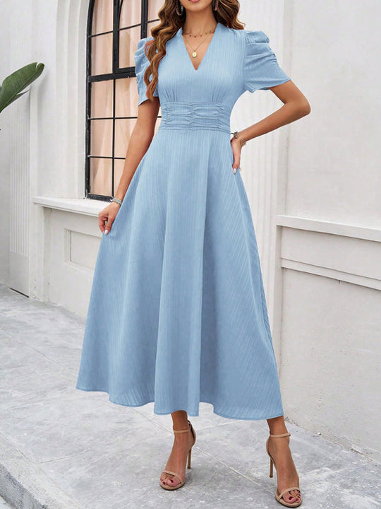 Damen Midi Kleid V-Ausschnitt Puffärmel A-Linie Hochwertiger Stoff 9