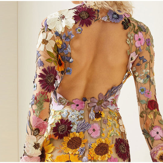 Damen Midi Kleid mit Hohem Kragen und Blumenmuster für Hochzeitsgast und Festliche Anlässe 1