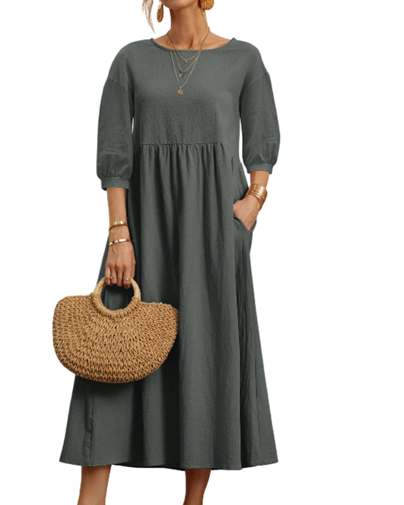 Damen Midikleid mit Rundhalsausschnitt und Laternenärmeln 0