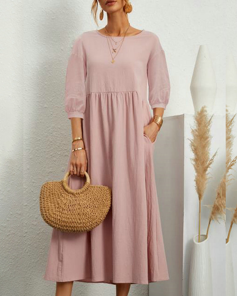 Damen Midikleid mit Rundhalsausschnitt und Laternenärmeln 2