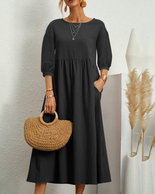 Damen Midikleid mit Rundhalsausschnitt und Laternenärmeln 5