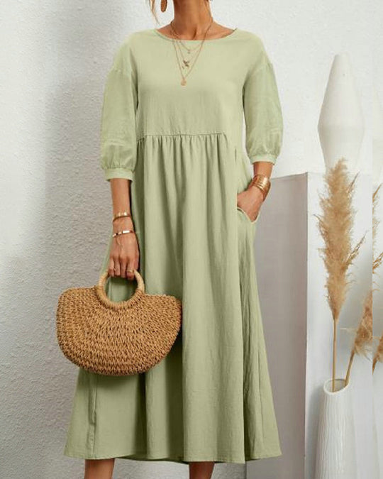 Damen Midikleid mit Rundhalsausschnitt und Laternenärmeln 6