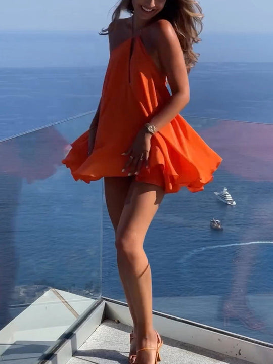 Damen Mini Kleid A-Linie mit tiefem V-Ausschnitt und Spaghettiträgern 2