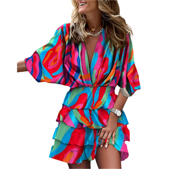 Damen Mini Kleid Blumendruck Sommerstil 0