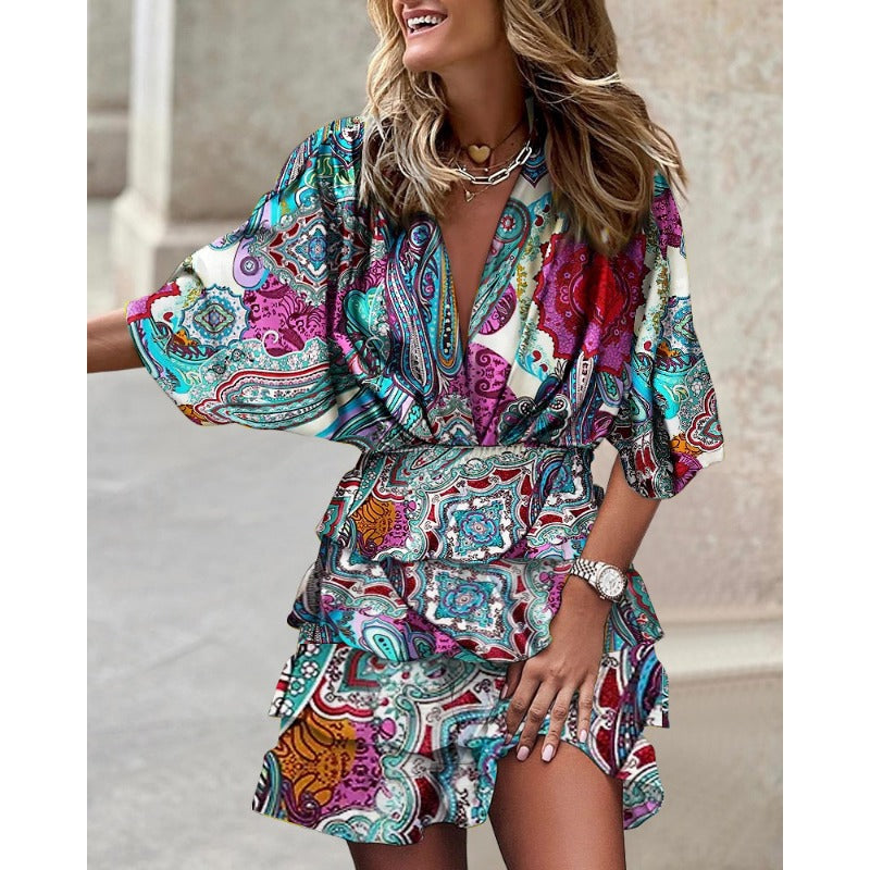 Damen Mini Kleid Blumendruck Sommerstil 3