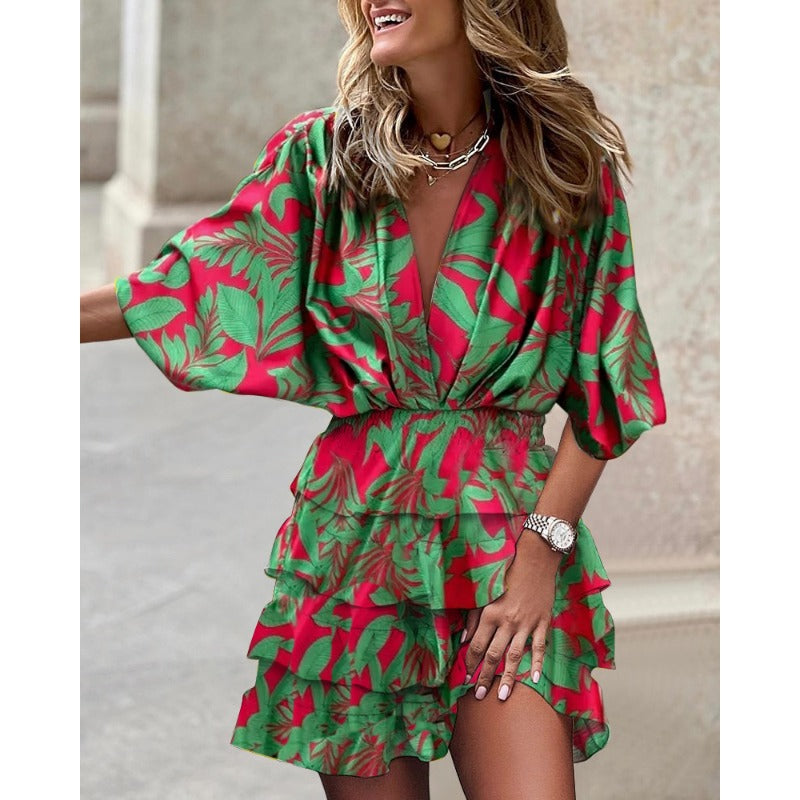 Damen Mini Kleid Blumendruck Sommerstil 4