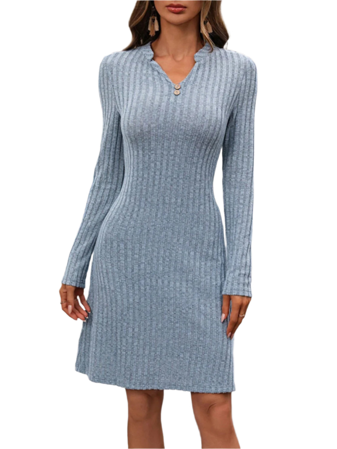 Damen Mini Kleid Notch-Ausschnitt mit Langen Ärmeln aus Polyester und Spandex 0