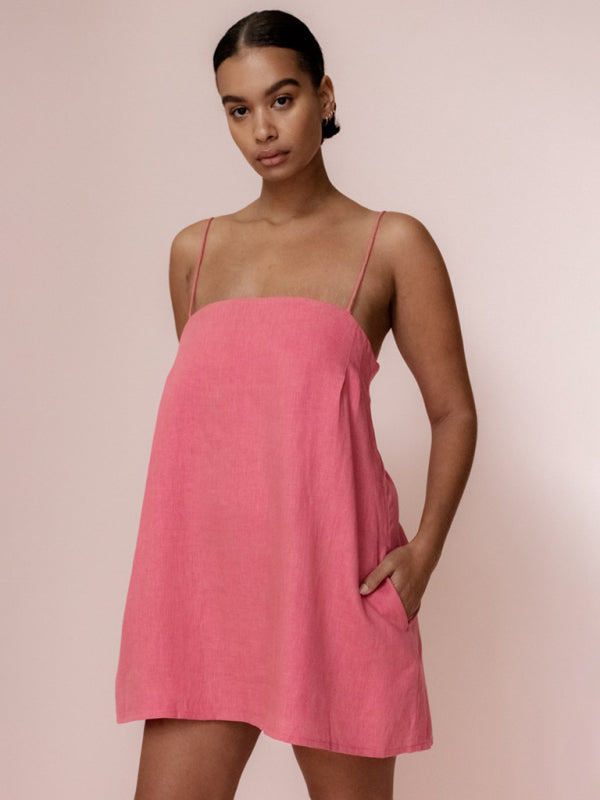 Damen Mini Kleid Spaghetti-Träger Baumwolle Leinen Freizeit 2