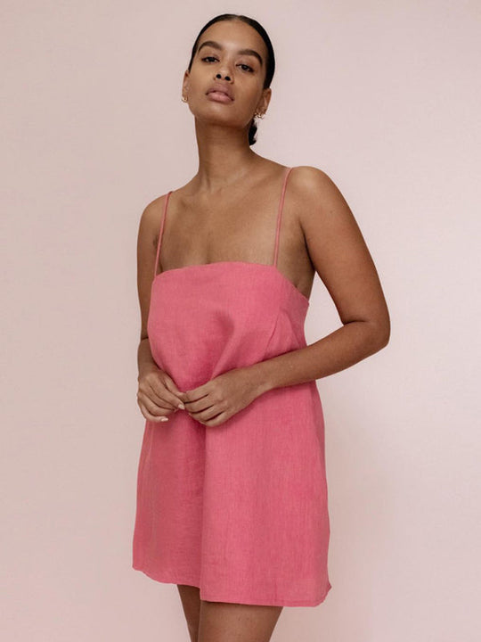 Damen Mini Kleid Spaghetti-Träger Baumwolle Leinen Freizeit 3