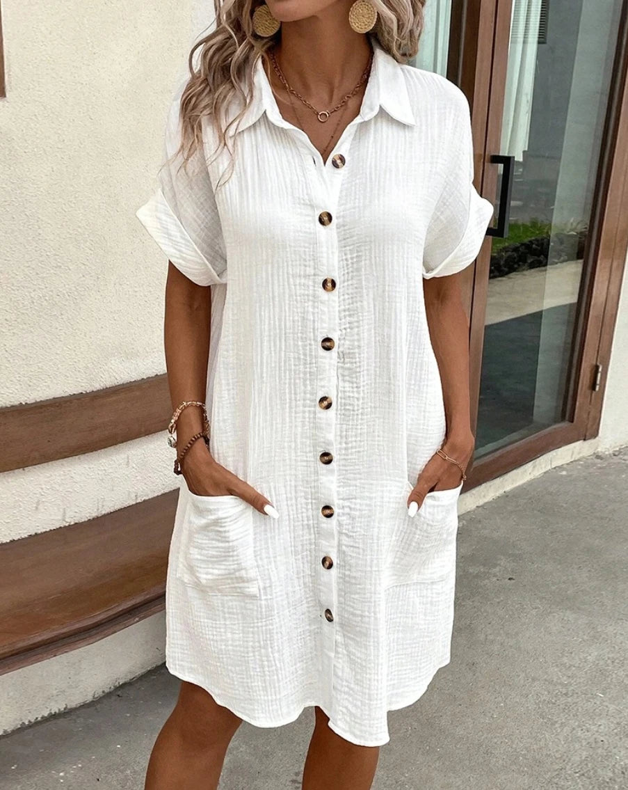 Damen Mini Kleid V-Ausschnitt Baumwolle Leinen für Sommerpartys und Freizeit 0