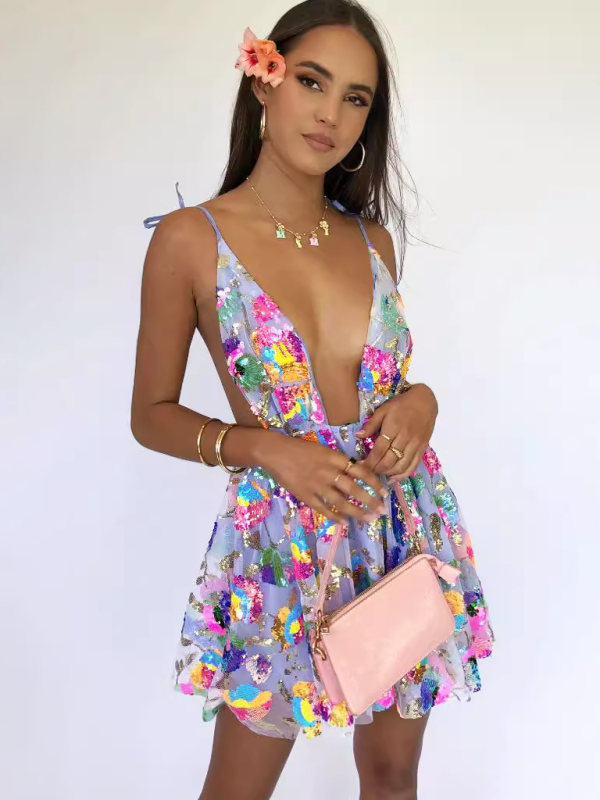 Damen Mini Kleid V-Ausschnitt Pailletten Floral 100% Polyester Sommerkleider 9