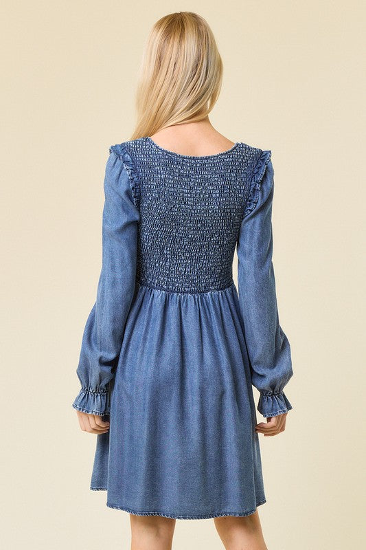 Damen Mini Kleid V-Ausschnitt Smocked Denim 3