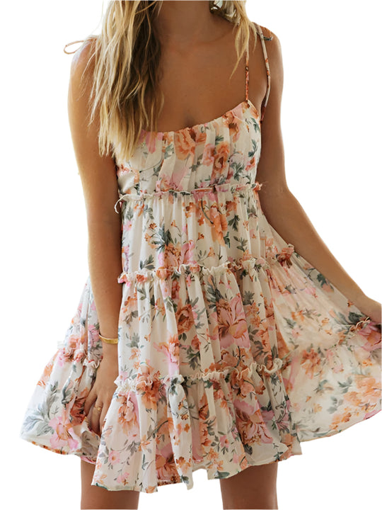 Damen Mini Kleid mit Blumenmuster und Spaghettiträgern 0