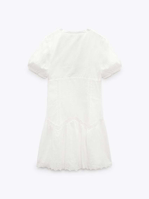 Damen Mini Kleid mit V-Ausschnitt und Puffärmeln aus Baumwollmischung 3