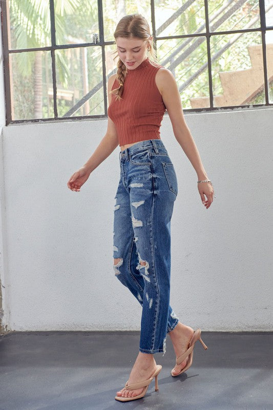 Damen Mom Fit Jeans Hochbund Denim 2