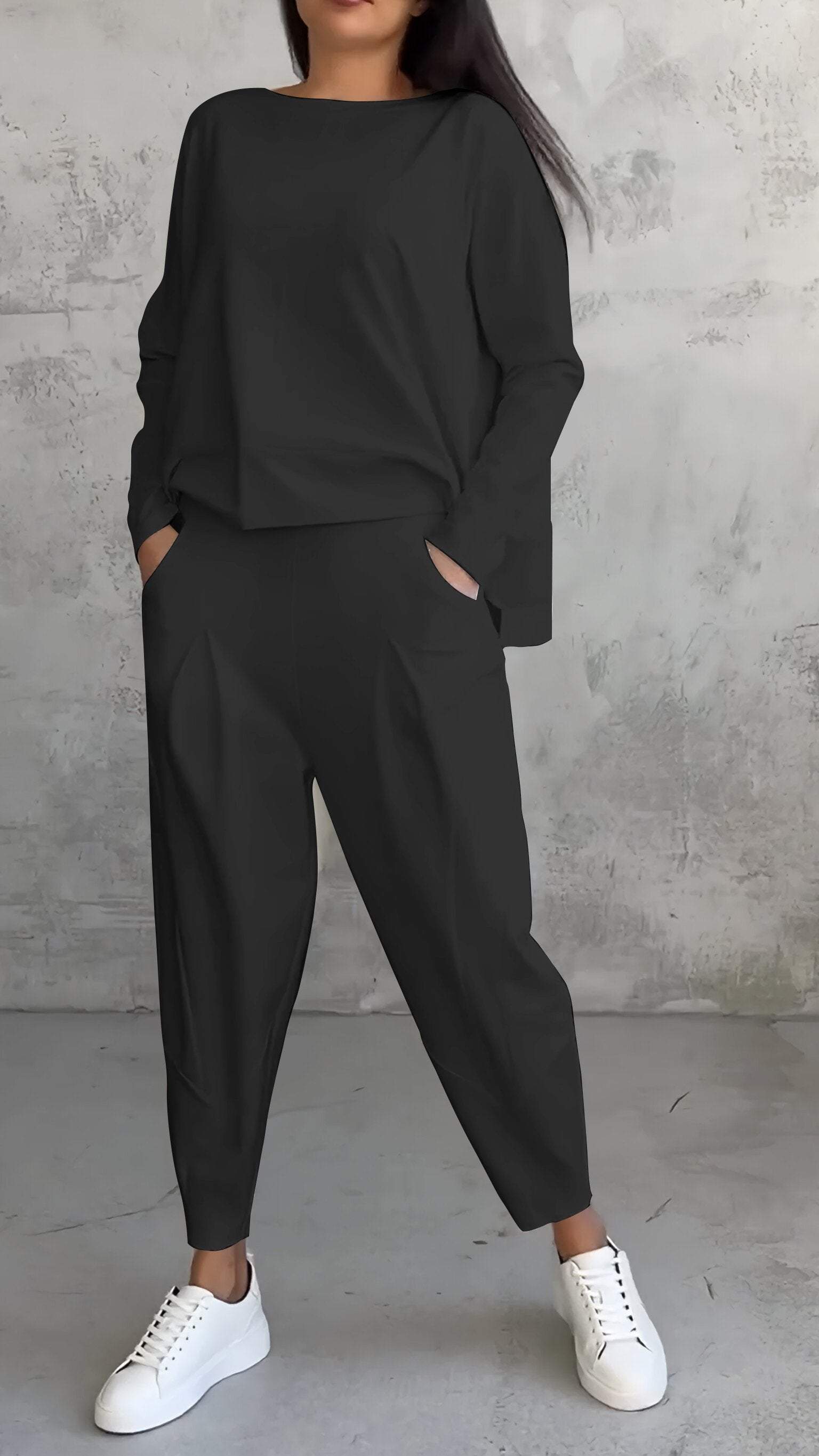 Damen Outfit Lässiges Set Langarmshirt und Hose Baumwolle Polyester 4