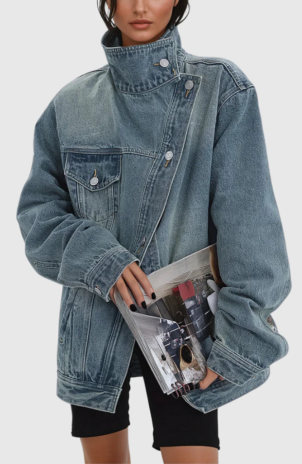 Damen Oversized Jeansjacke mit asymmetrischem Design 1