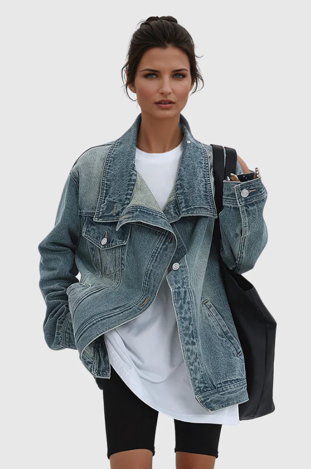 Damen Oversized Jeansjacke mit asymmetrischem Design 3