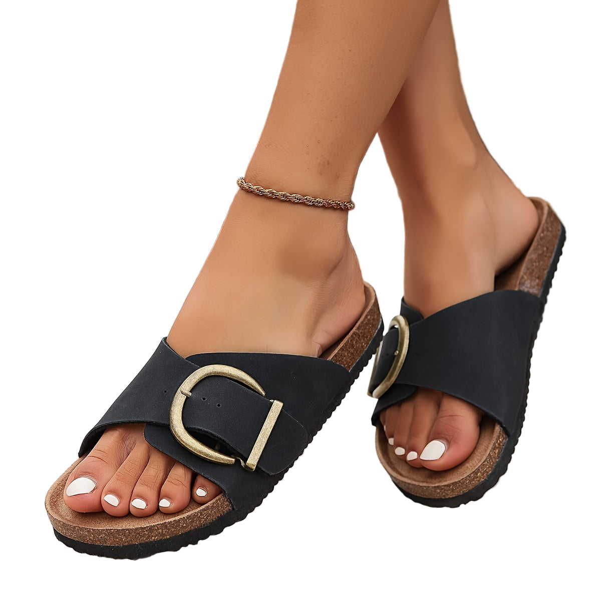 Damen Pantoletten Kork mit Schnallenriemen und strapazierfähiger Sohle für Sommer 0