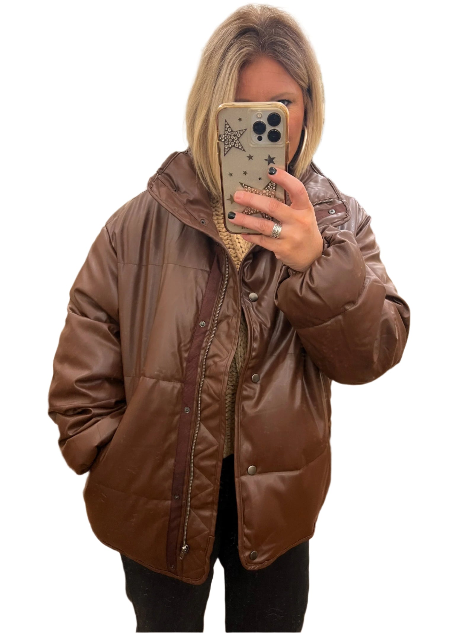 Damen Pufferjacke aus Leder in Schokoladenbraun 0