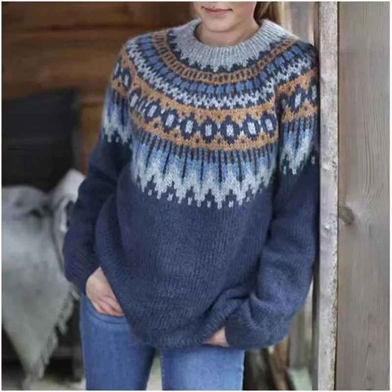 Damen Pullover Rundhals Farbblock Strickpullover 6