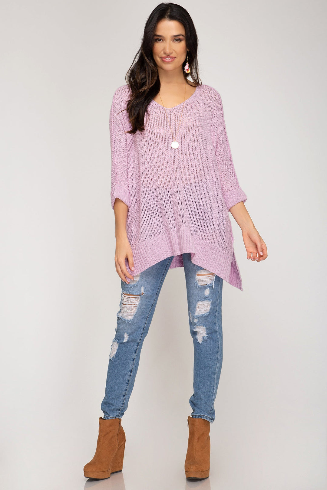 Damen Pullover mit 3/4 Ärmeln und Hi-Lo Schnitt aus Baumwolle 1